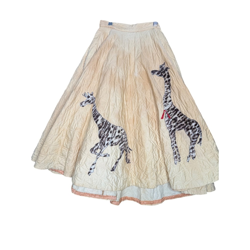 Vintage 50s Quilted Circle Skirt Giraffe Applique Sequin Cream Tan Novelty 24W